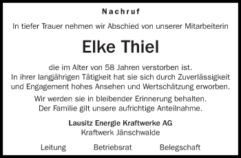 Traueranzeige von Elke Thiel von lausitzer_rundschau