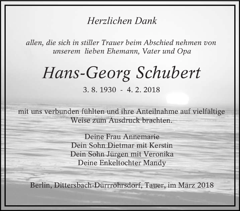  Traueranzeige für Hans-Georg Schubert vom 31.03.2018 aus lausitzer_rundschau