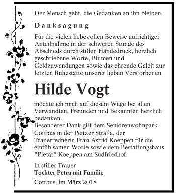 Traueranzeige von Hilde Vogt von lausitzer_rundschau