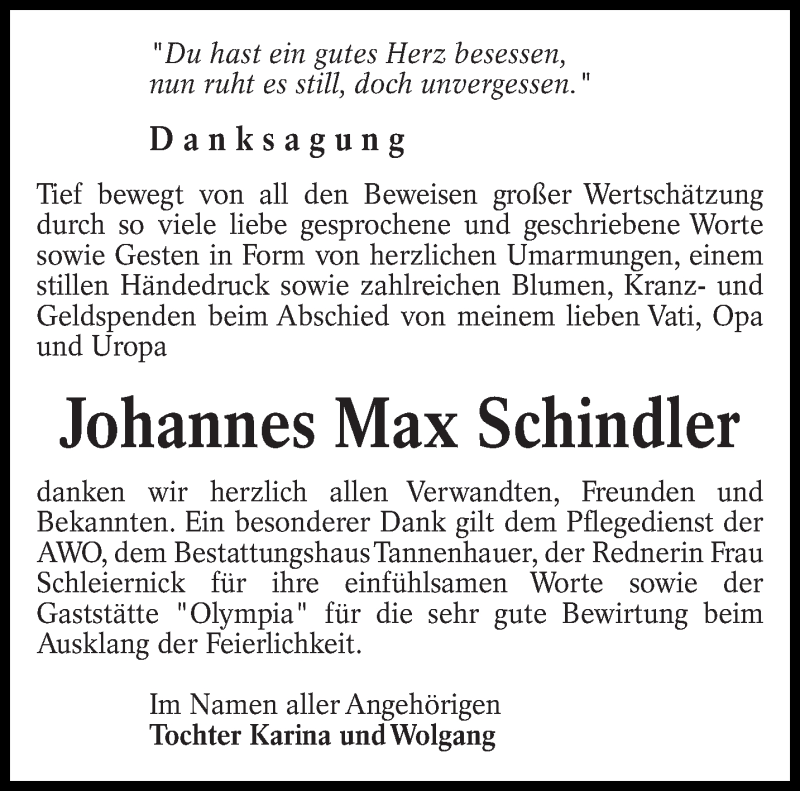  Traueranzeige für Johannes Max Schindler vom 31.03.2018 aus lausitzer_rundschau