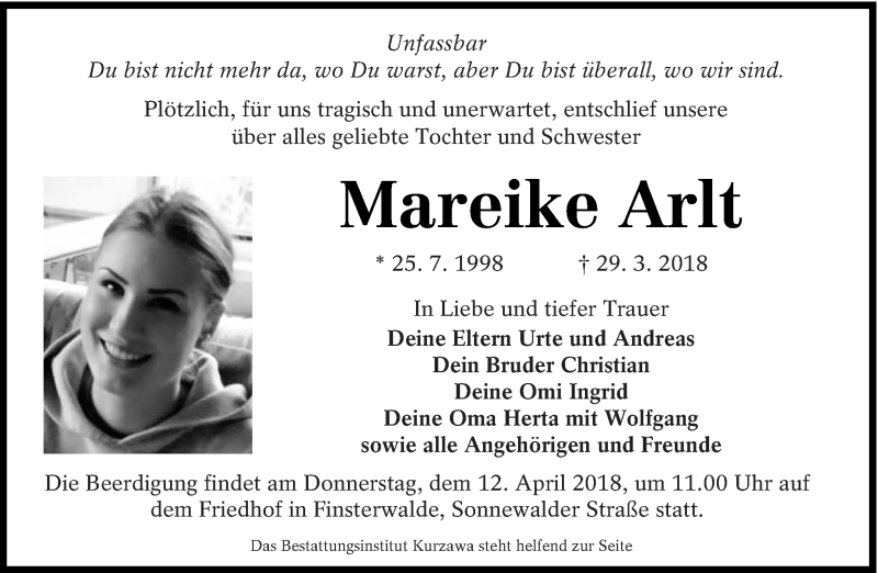  Traueranzeige für Mareike Arlt vom 07.04.2018 aus lausitzer_rundschau