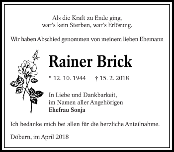 Traueranzeige von Rainer Brick von lausitzer_rundschau