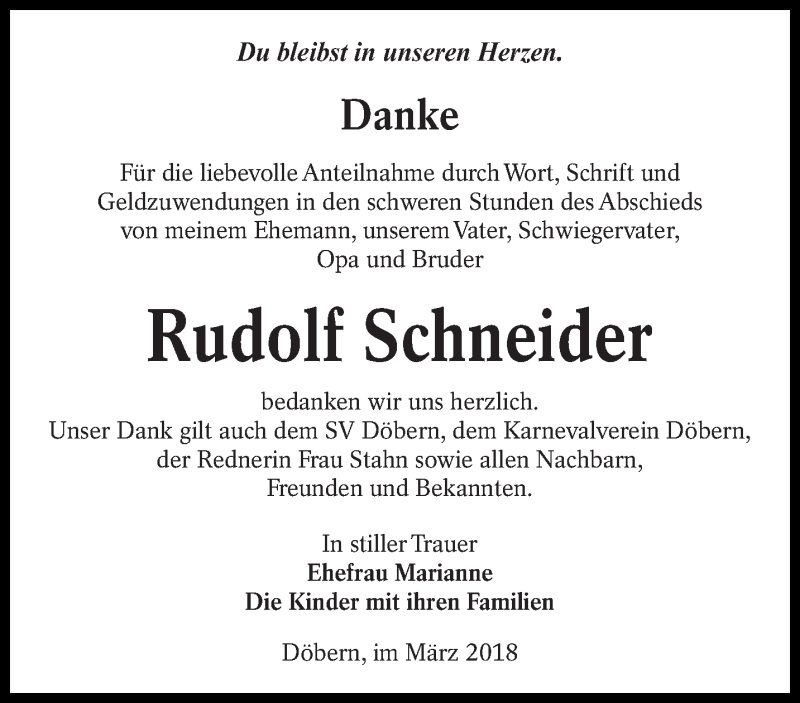  Traueranzeige für Rudolf Schneider vom 31.03.2018 aus lausitzer_rundschau