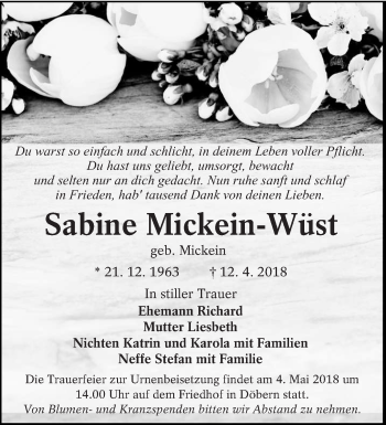 Traueranzeige von Sabine Mickein-Wüst von lausitzer_rundschau