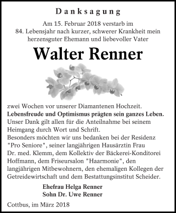 Traueranzeige von Walter Renner von lausitzer_rundschau
