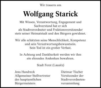 Traueranzeige von Wolfgang Starick von lausitzer_rundschau