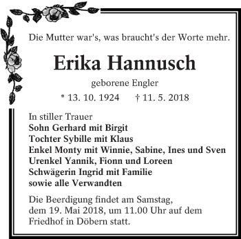 Traueranzeige von Erika Hannusch von lausitzer_rundschau
