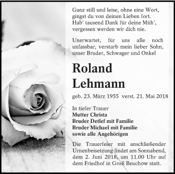 Traueranzeige von Roland Lehmann von lausitzer_rundschau