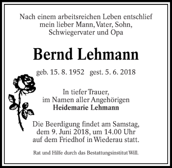 Traueranzeige von Bernd Lehmann von lausitzer_rundschau