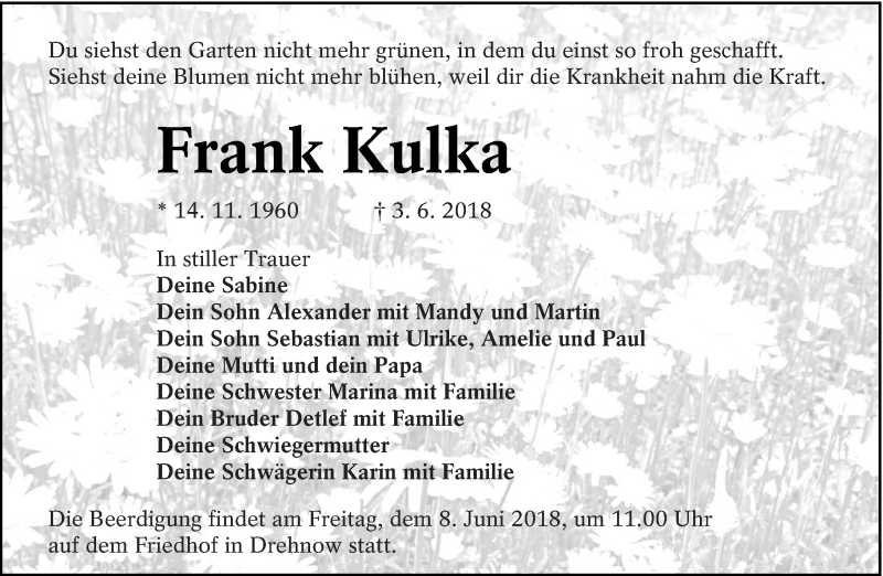  Traueranzeige für Frank Kulka vom 06.06.2018 aus lausitzer_rundschau