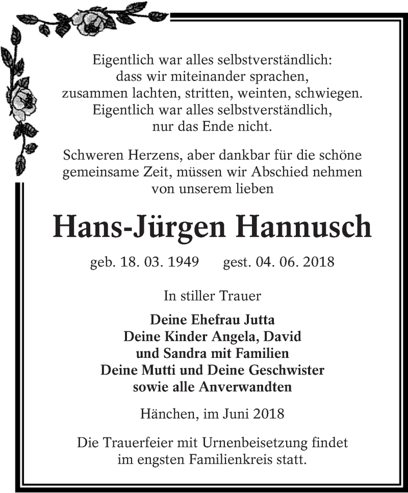  Traueranzeige für Hans-Jürgen Hannusch vom 09.06.2018 aus lausitzer_rundschau