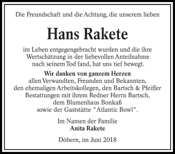 Traueranzeige von Hans Rakete von lausitzer_rundschau