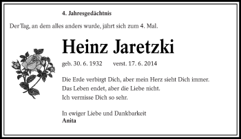 Traueranzeige von Heinz Jaretzki von lausitzer_rundschau
