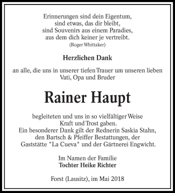 Traueranzeige von Rainer Haupt von lausitzer_rundschau