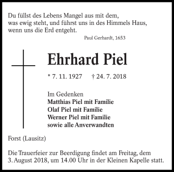 Traueranzeige von Ehrhard Piel von lausitzer_rundschau