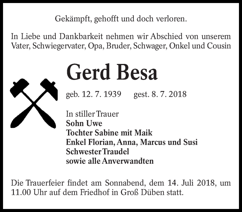 Traueranzeige für Gerd Besa vom 11.07.2018 aus lausitzer_rundschau