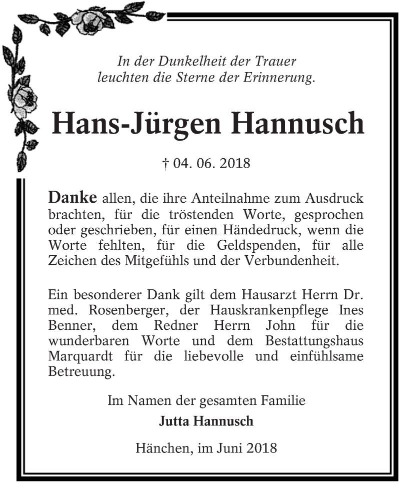  Traueranzeige für Hans-Jürgen Hannusch vom 07.07.2018 aus lausitzer_rundschau