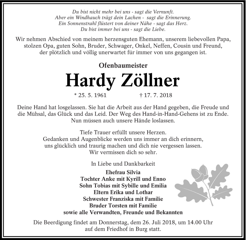  Traueranzeige für Hardy Zöllner vom 21.07.2018 aus lausitzer_rundschau