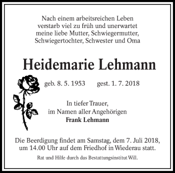 Traueranzeige von Heidemarie Lehmann von lausitzer_rundschau