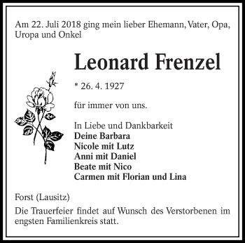 Traueranzeige von Leonard Frenzel von lausitzer_rundschau