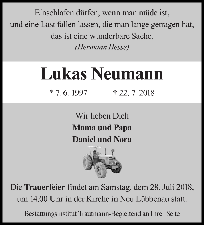  Traueranzeige für Lukas Neumann vom 26.07.2018 aus lausitzer_rundschau