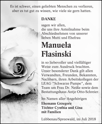 Traueranzeige von Manuela Flasinski von lausitzer_rundschau