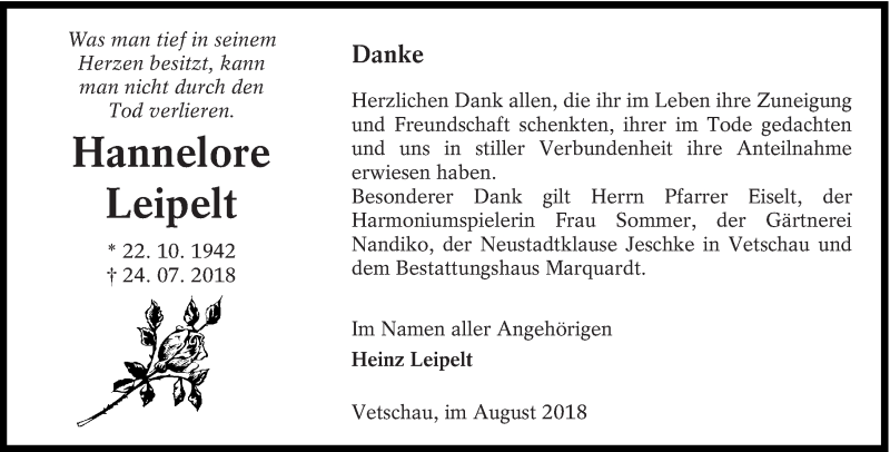  Traueranzeige für Hannelore Leipelt vom 25.08.2018 aus lausitzer_rundschau