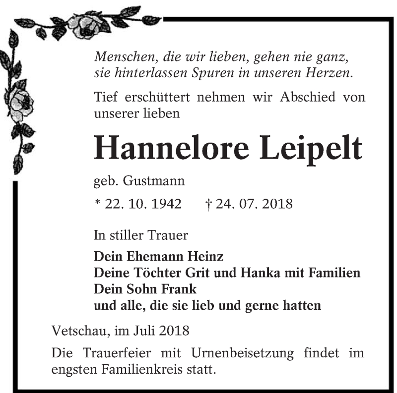  Traueranzeige für Hannelore Leipelt vom 04.08.2018 aus lausitzer_rundschau