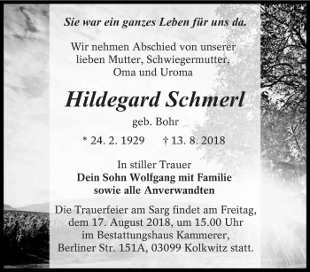 Traueranzeige von Hildegard Schmerl von lausitzer_rundschau