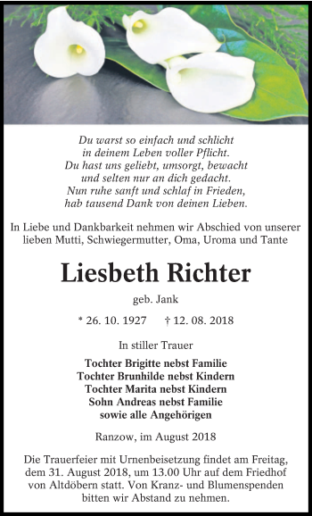 Traueranzeige von Liesbeth Richter von lausitzer_rundschau