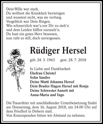 Traueranzeige von Rüdiger Hersel von lausitzer_rundschau
