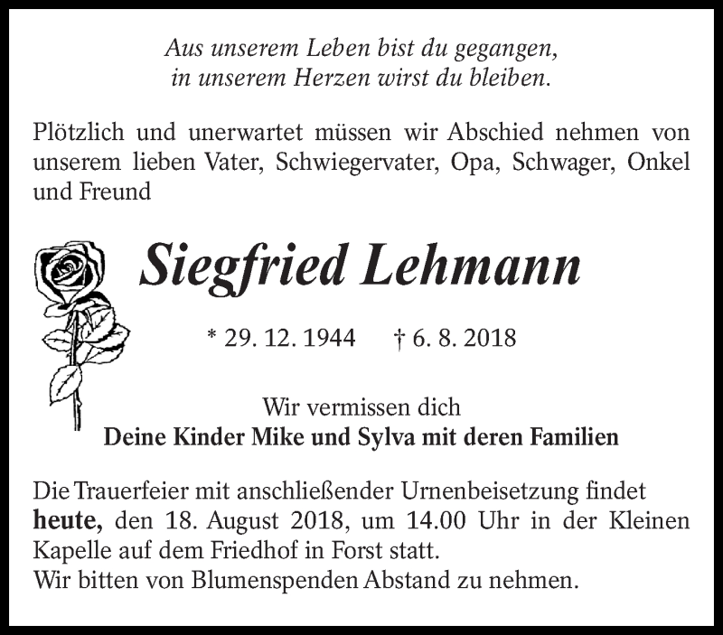  Traueranzeige für Siegfried Lehmann vom 18.08.2018 aus lausitzer_rundschau
