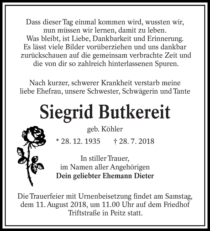  Traueranzeige für Siegrid Butkereit vom 04.08.2018 aus lausitzer_rundschau
