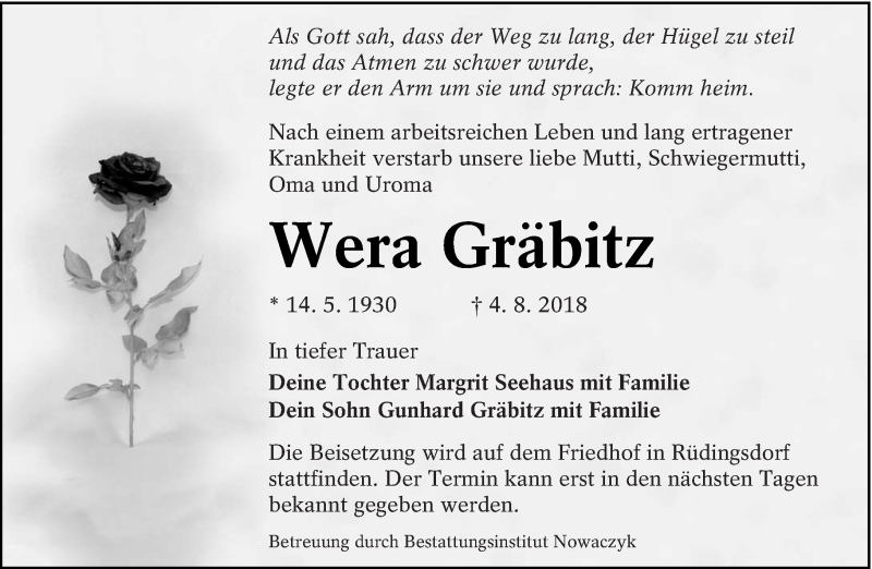  Traueranzeige für Wera Gräbitz vom 08.08.2018 aus lausitzer_rundschau