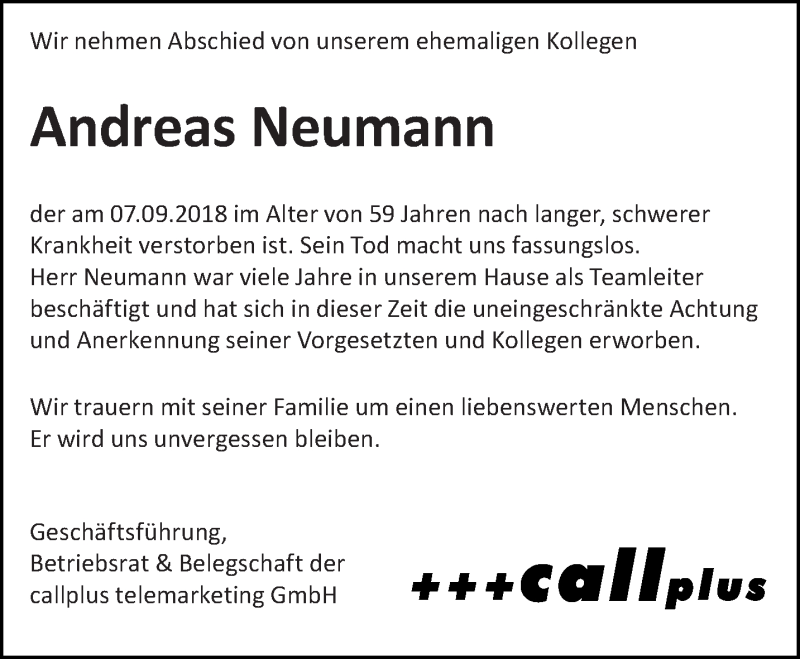  Traueranzeige für Andreas Neumann vom 15.09.2018 aus lausitzer_rundschau