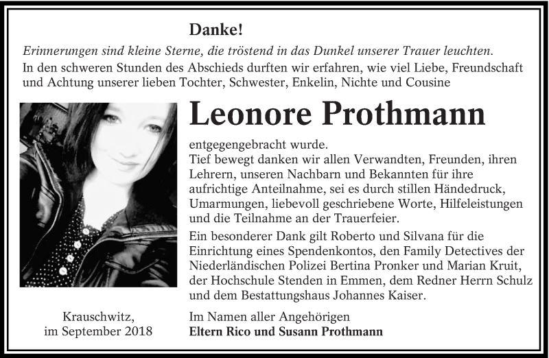  Traueranzeige für Leonore Prothmann vom 29.09.2018 aus lausitzer_rundschau
