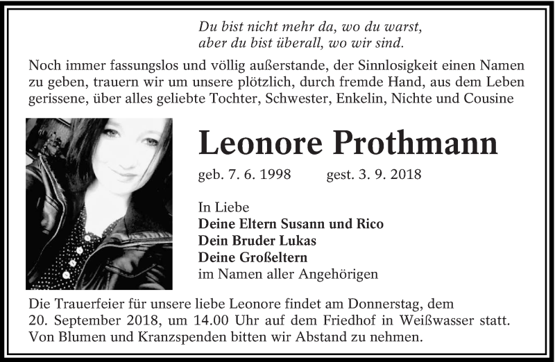  Traueranzeige für Leonore Prothmann vom 15.09.2018 aus lausitzer_rundschau