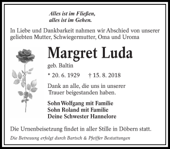 Traueranzeige von Margret Luda von lausitzer_rundschau