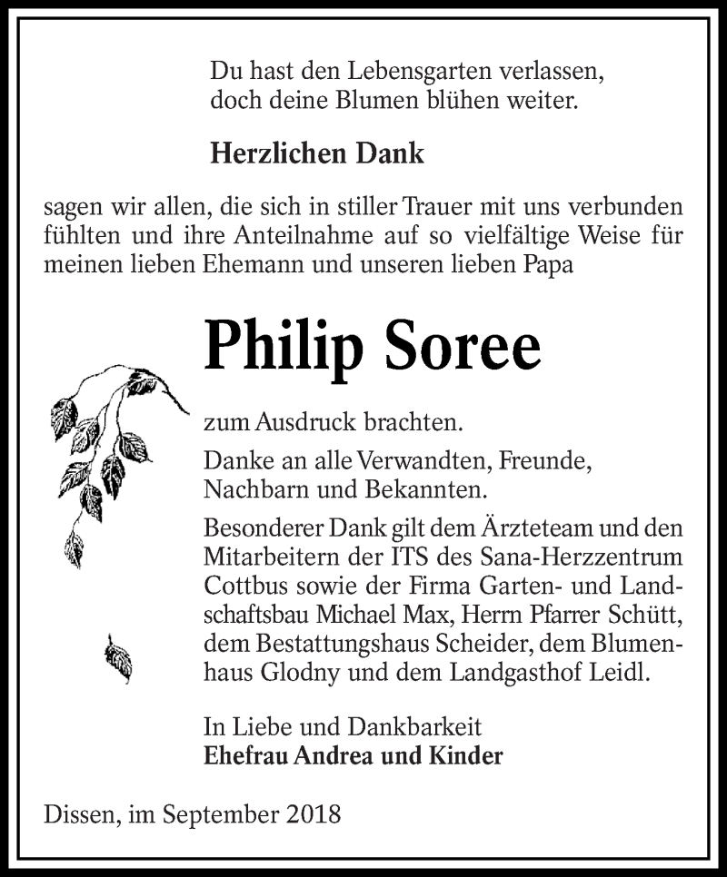  Traueranzeige für Philip Soree vom 15.09.2018 aus lausitzer_rundschau