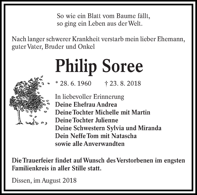  Traueranzeige für Philip Soree vom 01.09.2018 aus lausitzer_rundschau