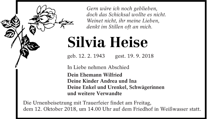  Traueranzeige für Silvia Heise vom 22.09.2018 aus lausitzer_rundschau