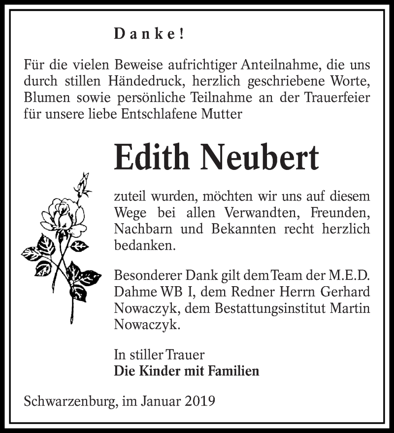  Traueranzeige für Edith Neubert vom 19.01.2019 aus lausitzer_rundschau