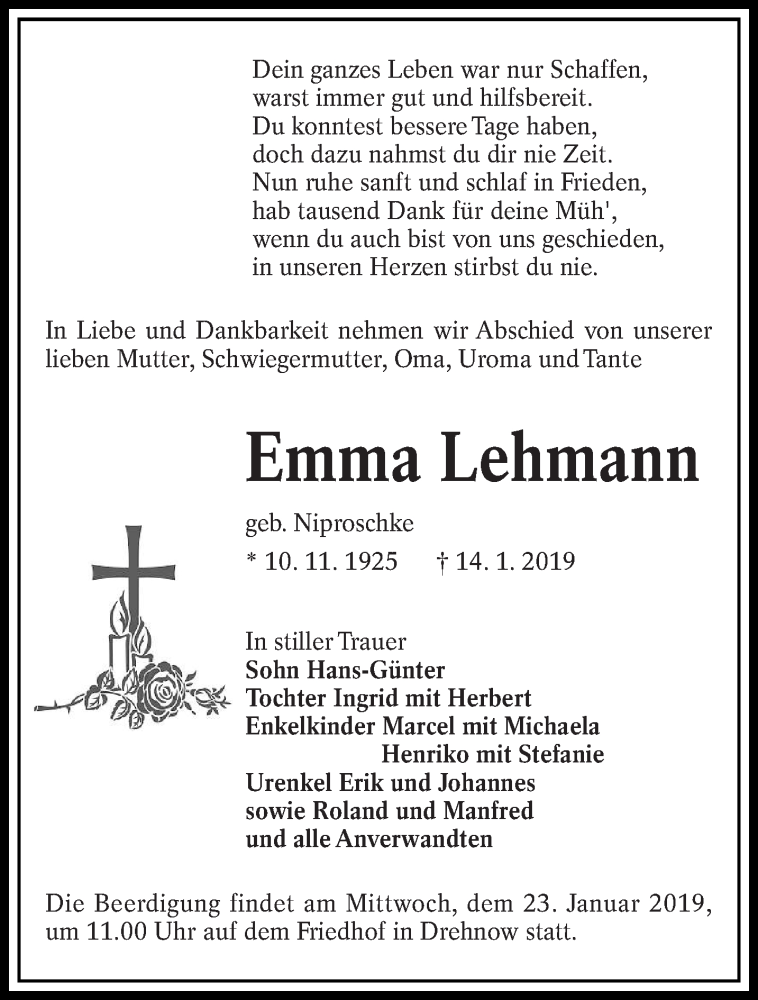  Traueranzeige für Emma Lehmann vom 16.01.2019 aus lausitzer_rundschau