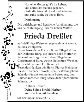 Traueranzeige von Frieda Dreßler von lausitzer_rundschau