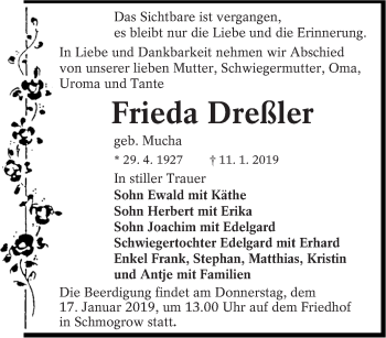 Traueranzeige von Frieda Dreßler von lausitzer_rundschau