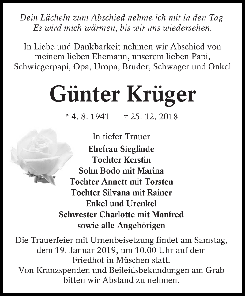  Traueranzeige für Günter Krüger vom 12.01.2019 aus lausitzer_rundschau