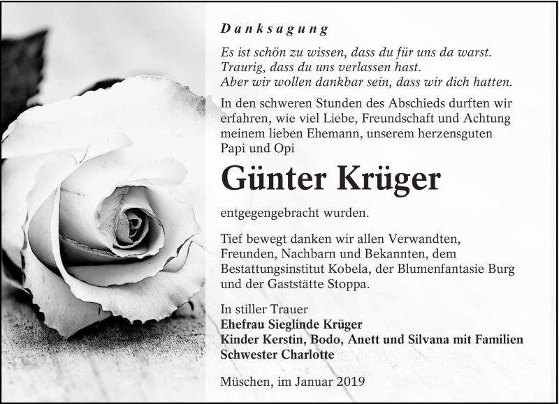  Traueranzeige für Günter Krüger vom 26.01.2019 aus lausitzer_rundschau