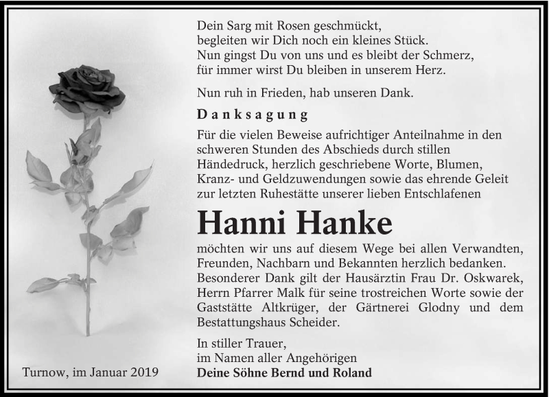  Traueranzeige für Hanni Hanke vom 12.01.2019 aus lausitzer_rundschau