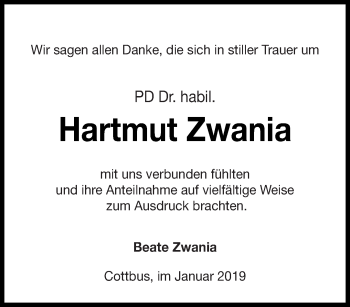 Traueranzeige von Hartmut Zwania von lausitzer_rundschau