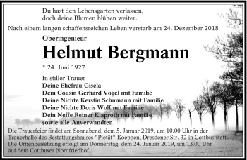 Traueranzeige von Helmut Bergmann von lausitzer_rundschau